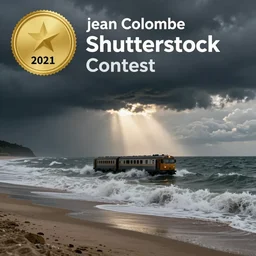 a train on a beach in the middle of a large wave, a stock photo by jean colombe, shutterstock contest winner, symbolism, stockphoto, stock photo, ominous vibe