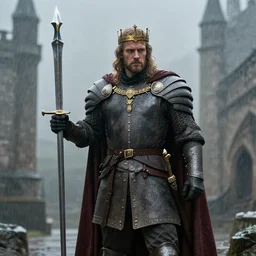cinematic still of King Arthur proudly wielding Excalibur, raining, 4k, character design, by Greg Rutkowski, Trending on Artstation