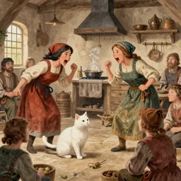 two women are yelling over a white cat in a medieval style kitchen, with many people in the audience watching, medieval illustration, high resolution. mem