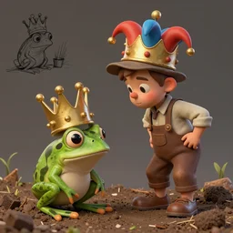 frog boy farmer finds the clown crown in the dirt, clown crown, moment of destiny, artwork by Grant Wood, 3D rendering by Beeple, sketch by R. Crumb