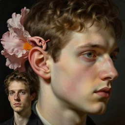 inner ear flower portrait by gaston bussierre and charles vess and james jean and erik jones and rhads, inspired by rutkowsky and mc escher, epic, huge scale, beautiful fine face features, intricate high details, sharp, ultradetailed