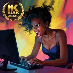 sensual beautiful angry black figure yelling at the computer, epic scene, by victo ngai, kilian eng vibrant colours, dynamic lighting, digital art, winning award masterpiece, fantastically beautiful, illustration, aesthetically inspired by beksinski and dan mumford, trending on artstation, art by greg rutkowski, 8 k