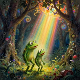 happiness of love and life fractal Light Through rainbow godrays the joy of living Tony DiTerlizzi ivory dream like storybooks wandering pepe the frog standing upright the value of grief and loss , Dark Forest Canopy love, warm ,Luminism, prismatic , fractals , pepe the frog , art in the style of Tony DiTerlizzi , Francisco de Goya and Akihito Tsukushi and Gustave dore and Arnold Lobel