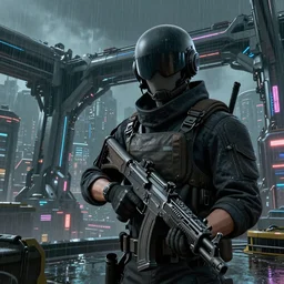 close view matte painting of a modern soldier holding machine gun in right hand, cyberpunk city and huge mechanical bridges on the background, rainy night, neon glow concept art, smooth, sharp focus, illustration, cyberpunk 2077, neuromancer, scifi, photorealistic, octane render, 8k