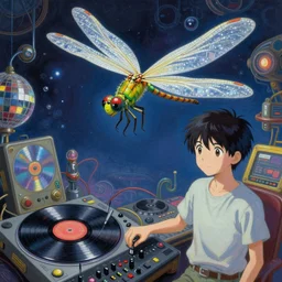 surreal gouache painting, by yoshitaka amano, by ruan jia, by Conrad roset, by good smile company, detailed anime 3d render of a magical Dragonfly  flying over a flying disco Vinyl, DJ Mixer, deck , controller, portrait, cgsociety, artstation, rococo mechanical and Digital  and electronic, dieselpunk atmosphere
