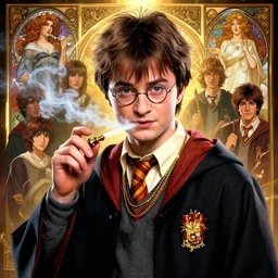 highly detailed portrait of harry potter vaping and wearing gold chains, stephen bliss, unreal engine, fantasy art by greg rutkowski, loish, rhads, ferdinand knab, makoto shinkai and lois van baarle, ilya kuvshinov, rossdraws, tom bagshaw, alphonse mucha, global illumination, radiant light, detailed and intricate environment