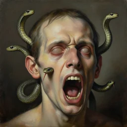a painting of a disembodied screaming man's face with snakes coming out of his ears eyes nose and mouth, a surrealist painting, polycount, behance, surrealism, surrealist, lovecraftian, cosmic horror, grotesque