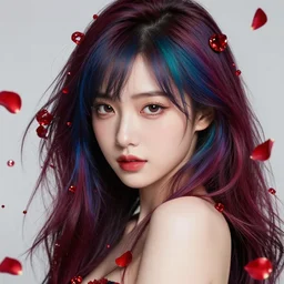 studio portrait absurdly beautiful, elegant, graceful, young hypercolorful sensual anime girl rubies and red petals, ultrafine hyperrealistic detailed face illustration by kim jung gi, irakli nadar, intricate linework, sharp focus, bright colors, matte, octopath traveler, final fantasy, unreal engine highly rendered, global illumination, radiant light, intricate environment
