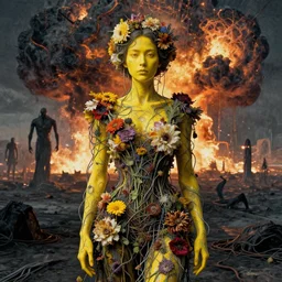 A portrait of a woman wearing clothes made out of dying flowers, nuclear explosion in the background, Masterpiece, yellow skin, glowing, wires everywhere, by Edgar Maxence and Ross Tran, Zdzisław Beksiński, and Michael Whelan, distant, gustav dore, H.R. Giger, 8k, octane render