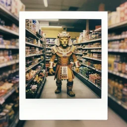 vintage photograph of a futuristic mayan jaguar warrior inside a grocery store, shallow depth of field, awkward, out of place, polaroid 6 0 0 color