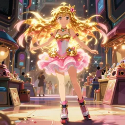 anime videogame boho magical girl energy rollerskating running through scifi market, long hair, golden pink light, Makoto Shinkai, Akira, Tekkonkinkreet, alphonse mucha, concept art, in anime style, accurate pretty symmetrical face, high detail, hyper quality