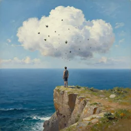 A cloud of tiny machines that form a man standing on a cliff overlooking the ocean, oil painting