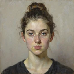a painting of a woman with a bun in her hair, a character portrait by constance gordon - cumming, trending on cgsociety, hyperrealism, detailed painting, hyper realism, ilya kuvshinov
