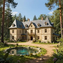 a georgian manor house next to a pine forest, with a fishpond and courtyard, blue sky, sunny, detailed, volumetric, cinematic lighting, realistic, digital art by greg rukowski