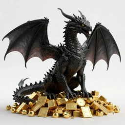 A great scary black dragon sitting on a pile of golden treasures, 4K, high detail, trending on ArtStation