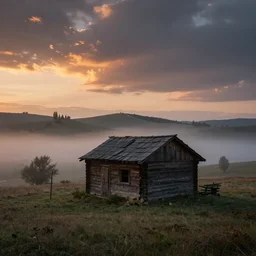 landscape photography by marc adamus, abandoned wooden cabin in the transylvanian hills, mist, trees in the background, sunset, dramatic lighting, clouds, beautiful