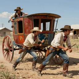 a highly detailed action matte painting of two bandit cowboys robbing a stagecoach, laredo, texas 1 8 7 5, in the style of greg rutkowski and remedios varo, ultra realistic, detailed, intricate, full of color, 4 k, hyperrealistic, focused, extreme details, masterpiece
