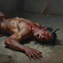 sideview painting of a beaten demon gasping his list breath on the ground, wide angle, closeup, 4k