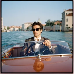 a fashionable man driving a riva boat around the the venetian lagoon. kodak portra film photograph. fine art photography. cinematography inspired composition