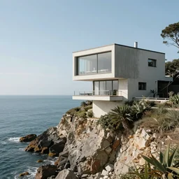 big brutalist house on coastal of cliff overlooking a magnificient bay, cyberpunk, photo award winning, wildlife photographer of the year, phm grant, by lewis hine, by michael kenna, 8 k, photo film