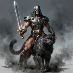 full body centered uncut character pose of he - man, mysterious - eerie - ominous, he - man is holding the power sword in his right hand, he - man is riding the battle cat, dark grey shadowy smokey background, direct natural lighting, cinematic, epic, ultra - detailed, sharp focus, colored illustration, artwork by artgerm and greg rutkowski and alphonse mucha