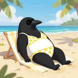 Furry art anthropomorphic crow in white and yellow polka dot bikini sunbathing at a Caribbean beach digital art