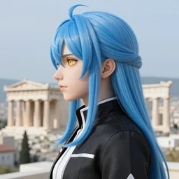 side profile of rimuru tempest with sky blue hair, long hair, gold eyes, black jacket with white stripes and a high collar | highly detailed, matte, greek city in the background, professional digital painting, digital art, concept art, award - winning photography, cinematic, wlop | art by pixiv art, ilya kuvshinov, greg rutkowski, yoshitaka amano