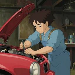 a wholesome animation key shot of a focused auto mechanic repairing  a old red car in a workshop garage, medium shot, waist up, studio Ghibli and Disney animation, sharp, Rendered in Unreal Engine 5, anime key art by Greg Rutkowski, Bloom, dramatic lighting