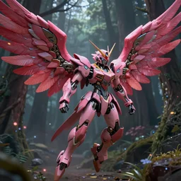 a female mecha saints with huge feature wings flying in the fantasy forest by merriam, daniel, intricate mechanical details, futuristic, 2 k aesthetic, dramatic lighting, concept art, 4 k, 3 d octane render, pink and red collection, highly saturated colors, provenance, detailed, trending on artstation