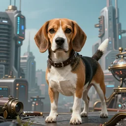 sublime portrait of a beagle, futuristic city background, medium shot, steampunk