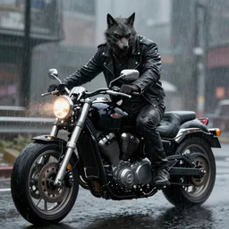 werewolf in a leather jacket riding a motorcycle in the rain, character art, trending on artstation