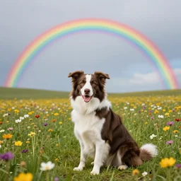 A border collie sitting in a beautiful flower meadow with a rainbow in the sky above matte painting