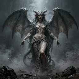 symbolist lilith the mother of all monsters angry, raining ash, fine art masterpiece, highly detailed dino valls wayne barlowe machiej kuciara, dramatic lighting, long shot, wide angle, uhd 8 k, sharp focus
