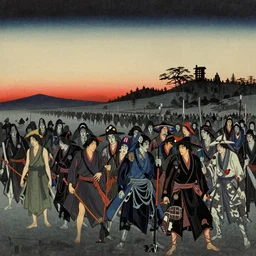 an army of undead, at dusk, by Utagawa Kuniyoshi, dramatic lighting, high contrast colors, panoramic view, as trending on Artstation,