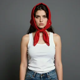 frontal face portrait of a thugish woman, wearing a red headscarf, a white tank top, and jeans, by norman rockwell.