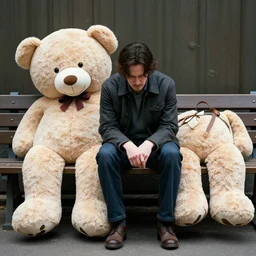 sad keanu sitting on bench with huge stuffed teddybear