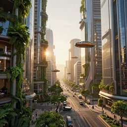 Sunrise over solarpunk city, many trees and plants, archdaily, straight lines, many flying cars, busy streets filled with pedestrians, sun rays, vines, vertical gardens, utopia, beautiful glass and steel architecture, extreme detail, futuristic