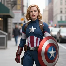 Bonnie Wright as Captain America, holding a shield, in a New York street, high quality, 4k, promotional still from 'The Avengers'