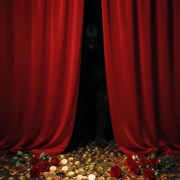 lonely dark character behind red curtains, gold money pieces and red roses on the ground, dark, sad, dystopian, capitalist, behind the scene, by rokas aleliunas and zdzisław beksinski, smooth, octane, trending on artstation, red gold and black