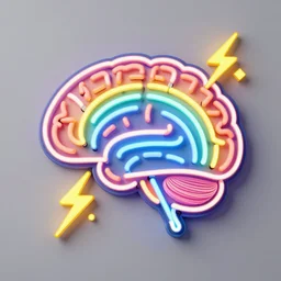 a neon sign depicting a rainbow brain with yellow electric bolts coming out of it