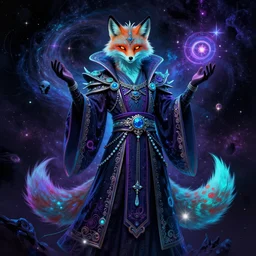 a stylized blacklight painting of an avatar of an awesome cosmic powerful luxurious foxfolk mage themed around death and nebulas, in the style of dnd beyond avatar portraits, beautiful, artistic, elegant, lens flare, magical, lens flare, nature, realism, stylized, art by jeff easley