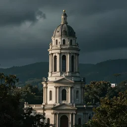 a neoclassical tower with dome on a magical gloomy mystical forest.