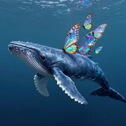 digital painting of a singular fictional whale, the whale has tiny multiple holographic butterfly wings on its backside, fully detailed, 4 k, octane render quality, real footage, psychedelics featured on artstation, subreddit / r / whale, by mohamed solah, art limited whale by bahar moumivand