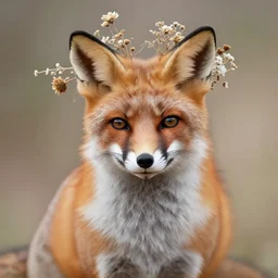 fine art photo of the beauty goddess foxes, she has a crown of dried flowers, by peter mohrbacher