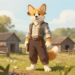 beautiful full-body portrait commission of a (male furry!!! anthro!!! corgi fursona!!!) (wearing farmer's clothes) (in a Old-timey farm). Atmospheric. Renowned character illustration by greg rutkowski, thomas kindkade, alphonse mucha, loish, norman rockwell. detailed, inked, western comic book art
