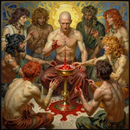 realistic matte painting wan bald man surrounded by tweakers addicts co - ed performing ritual blood magick greg rutkowski artstation hdr vivid color alphonse mucha