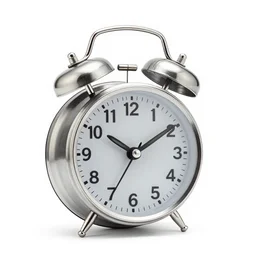 silver digital alarm clock, commercial catalog photo, isolated on a pure white background, centered, entire object in frame, sharp focus, soft studio lighting