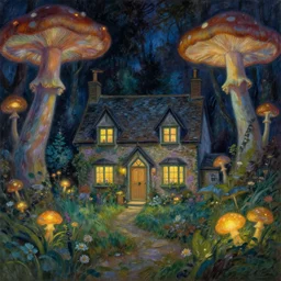 mysterious detailed painting of a cozy english cottage in the woods at night, surrounded by giant glowing mushrooms, in the style of studio ghibli and moebius and claude monet and edward hopper and vincent van gogh