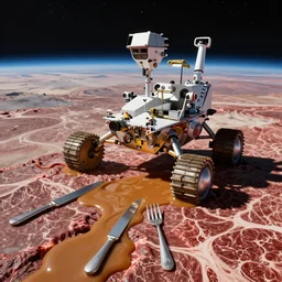 NASA's Culinarity rover probes the surface of the meat planet with knives and forks, richly marbled and delicious planetary surface with rivers of gravy
