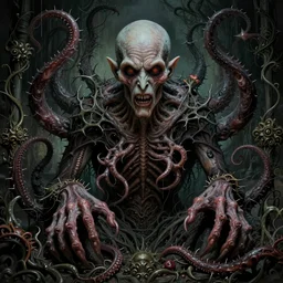 centered horrifying detailed portrait of a albert fish, insane, crazed, mad old bald zombie, cthulhu, eldritch abomination, dunwitch horror, lovecraft bleeding ornate tentacles growing around, ornamentation, thorns, vines, tentacles, elegant, beautifully soft lit, full frame, 8 k by wayne barlowe, peter mohrbacher, kelly mckernan, h r giger
